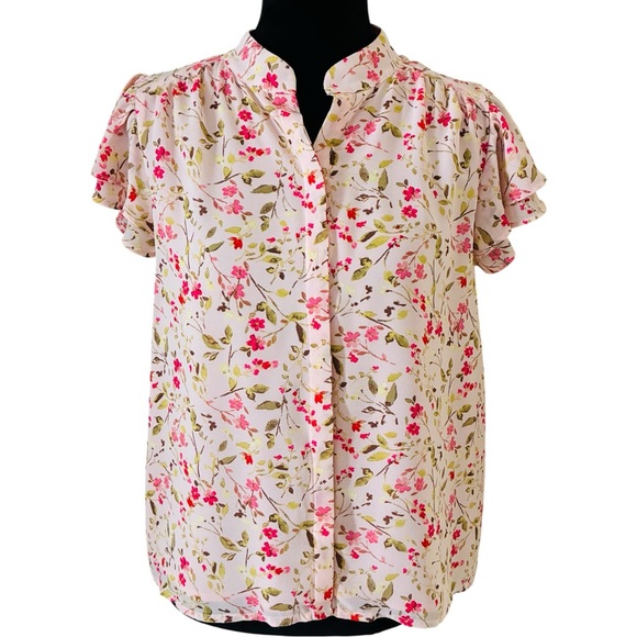 CeCe Sz Small Pink Floral Double Flutter Ruffle Sleeve Button Front Blouse Top - Picture 6 of 12